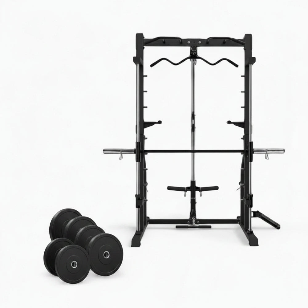 Semi commercial smith machine with a set of six weight plates on a white background