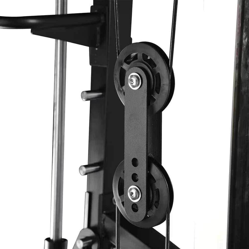 Floating pulley assembly on a cable and smith machine