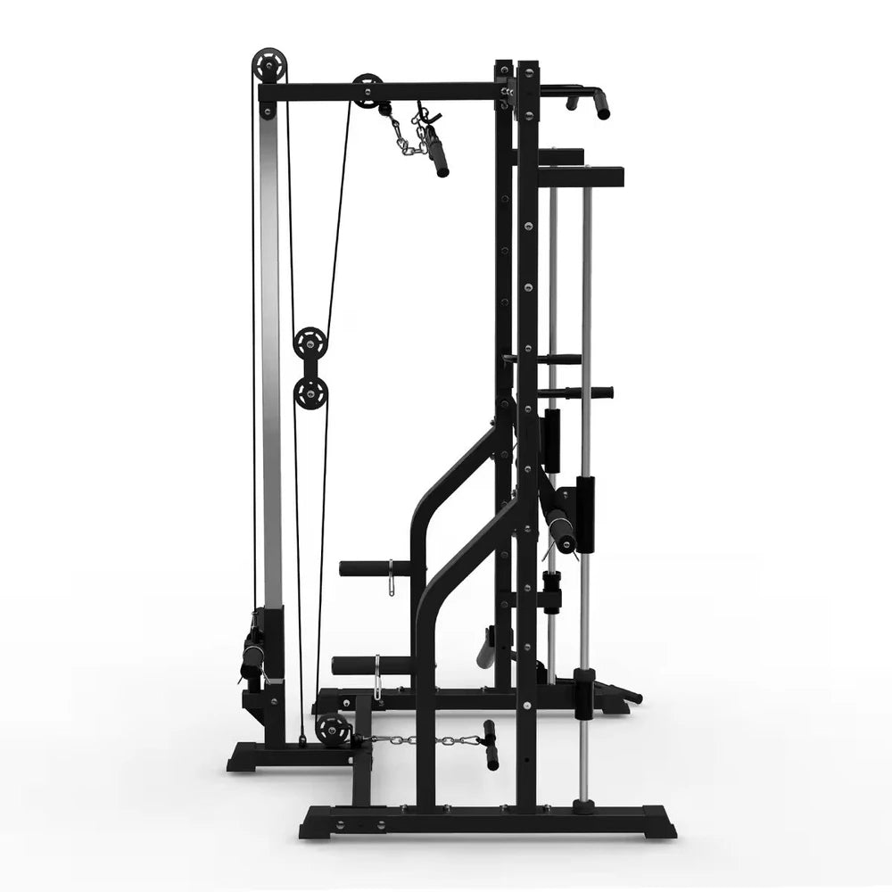 Side view of a semi commercial cable and smith gym machine on a white background