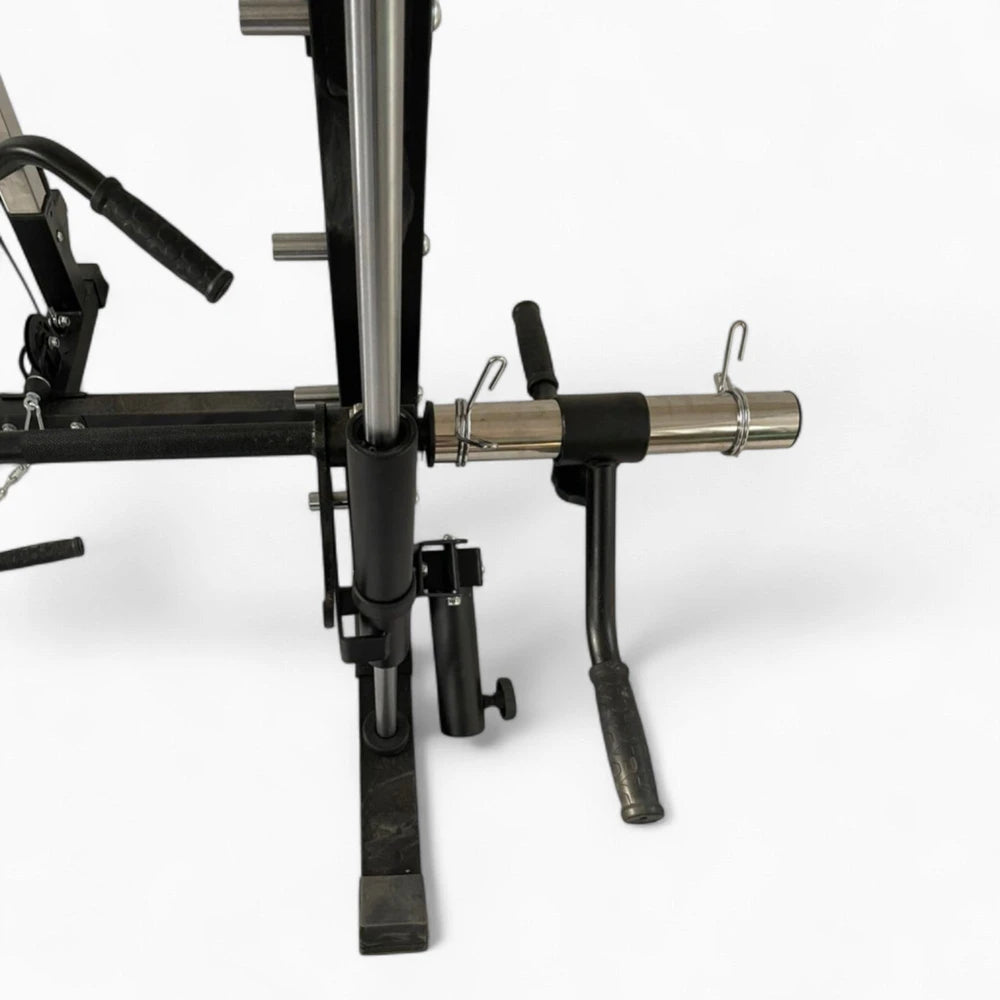Weight storage peg and safety stopper on a smith gym machine