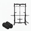 Black frame semi commercial smith machine with set of eight weights