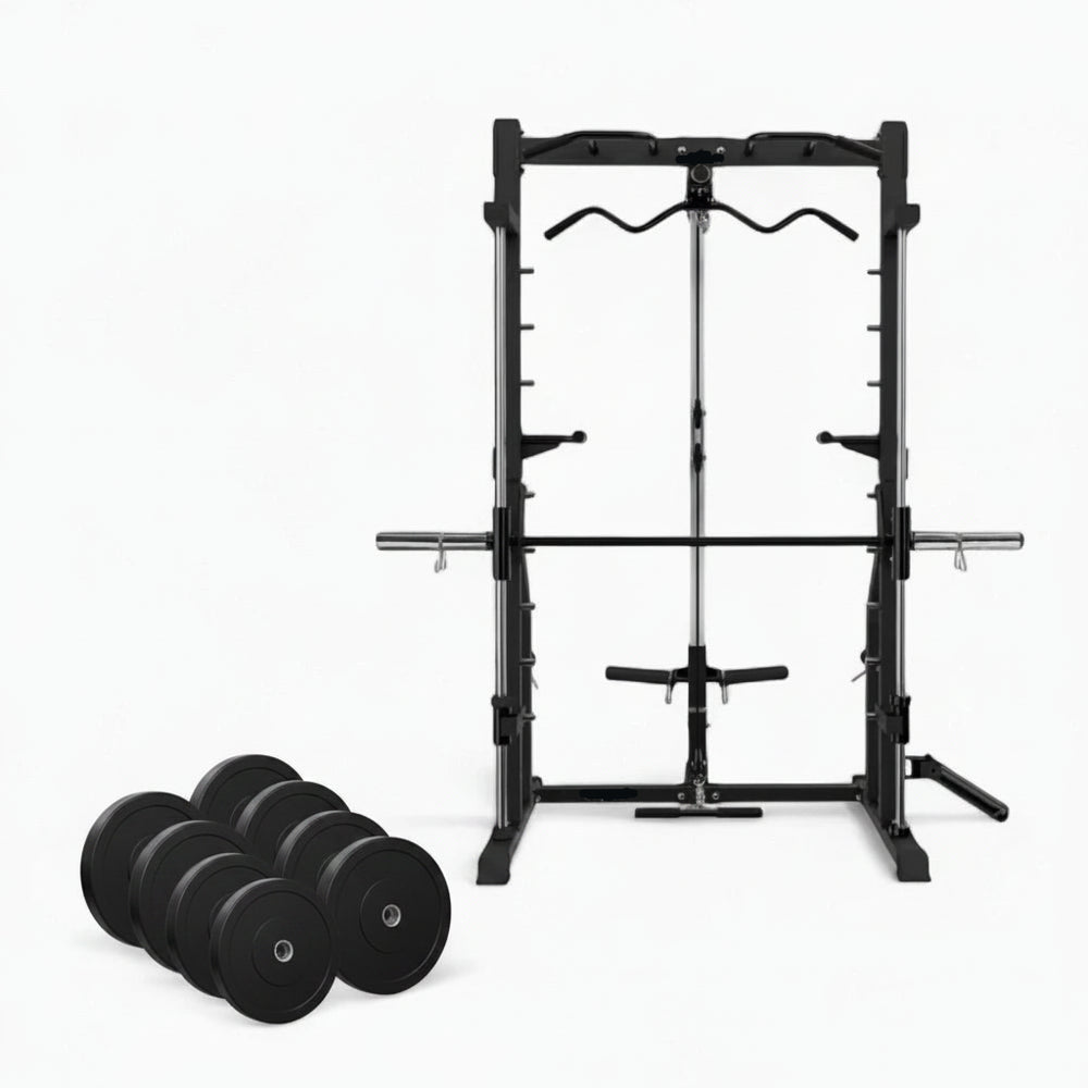 Black frame semi commercial smith machine with set of eight weights
