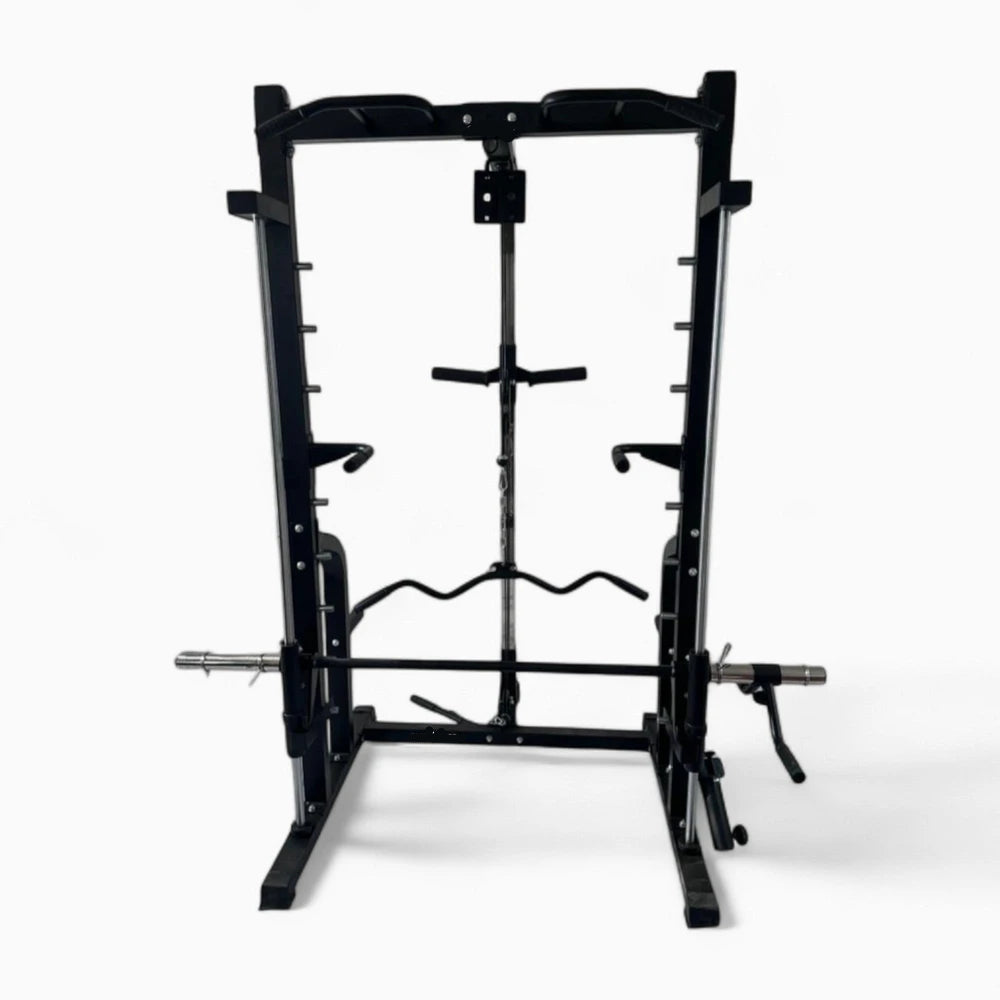 Front view of semi commercial smith and cable machine for home gyms on a white background