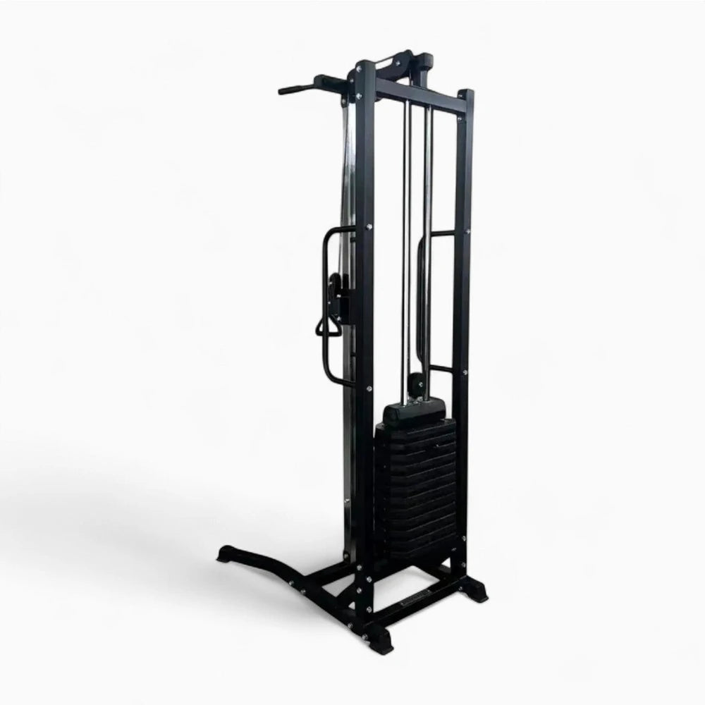 Rear view of cable machine with pull up bar on a white background