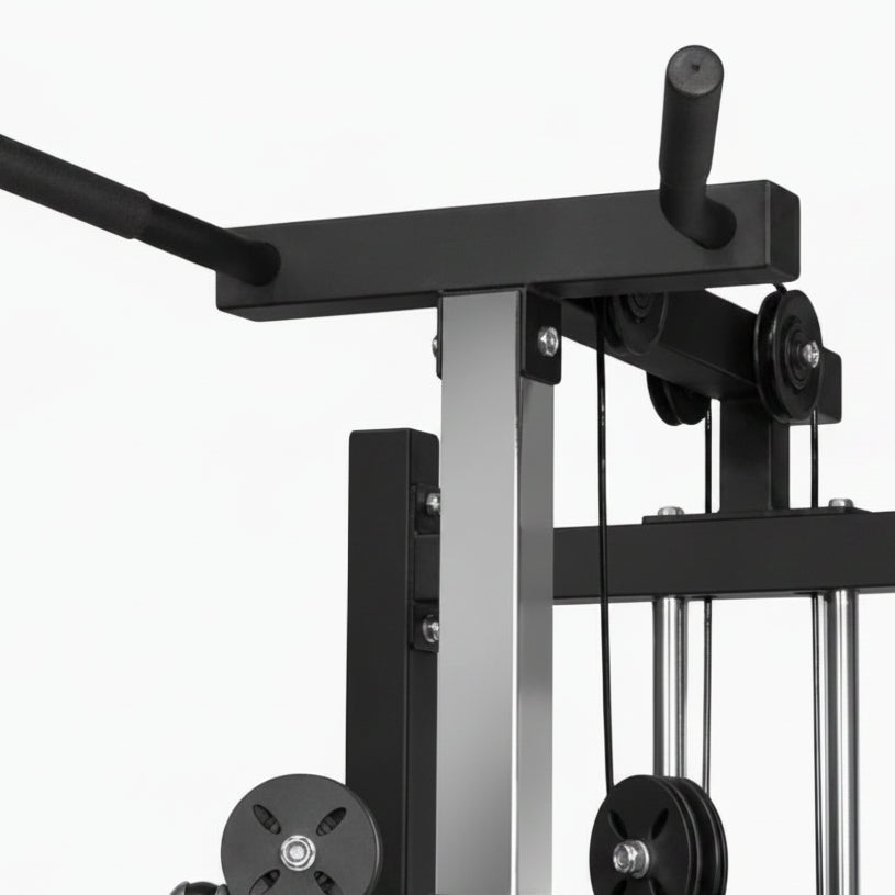 Integrated pull up bar and upper pulley assembly on a white background
