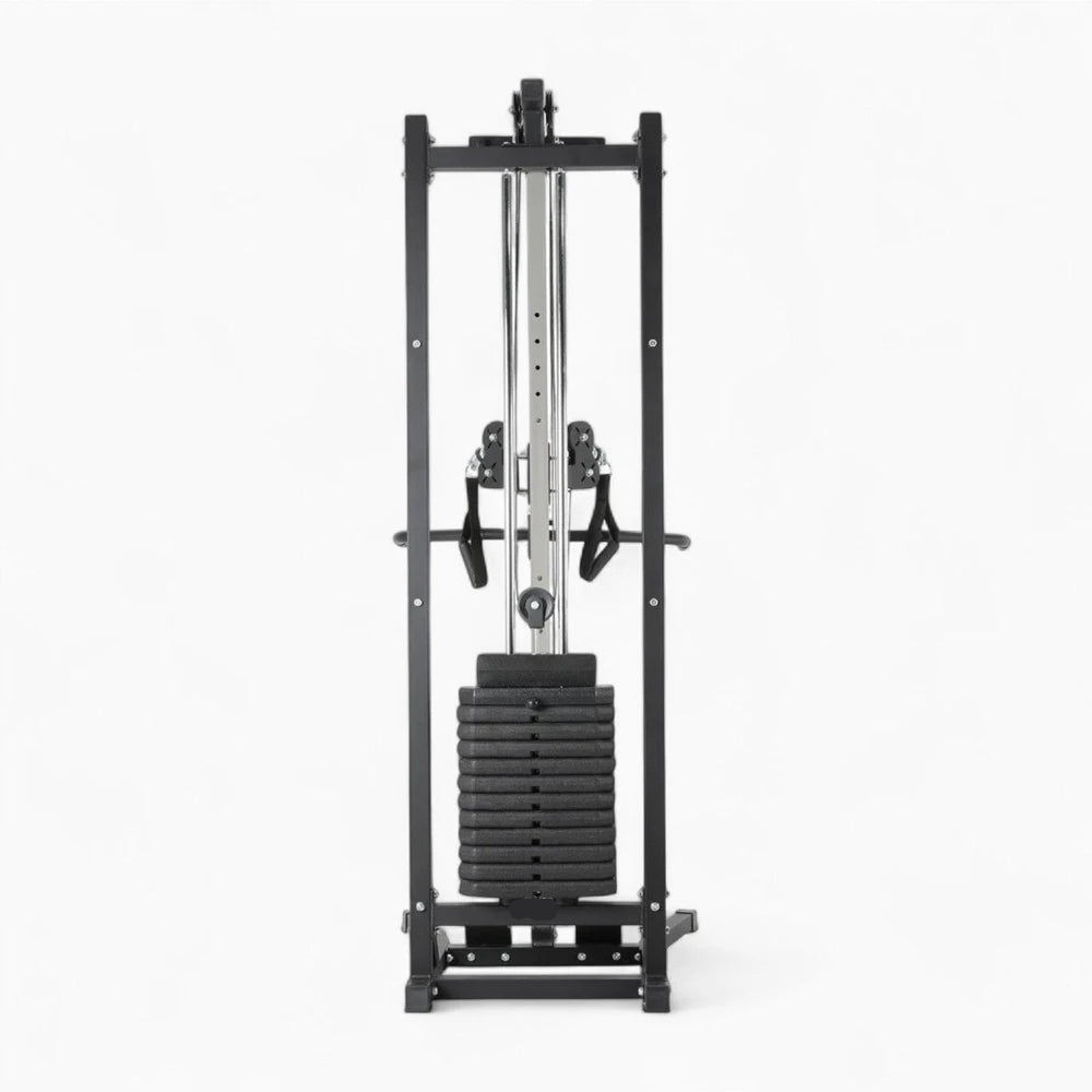 Rear view image of a black frame gym machine with dual cable system