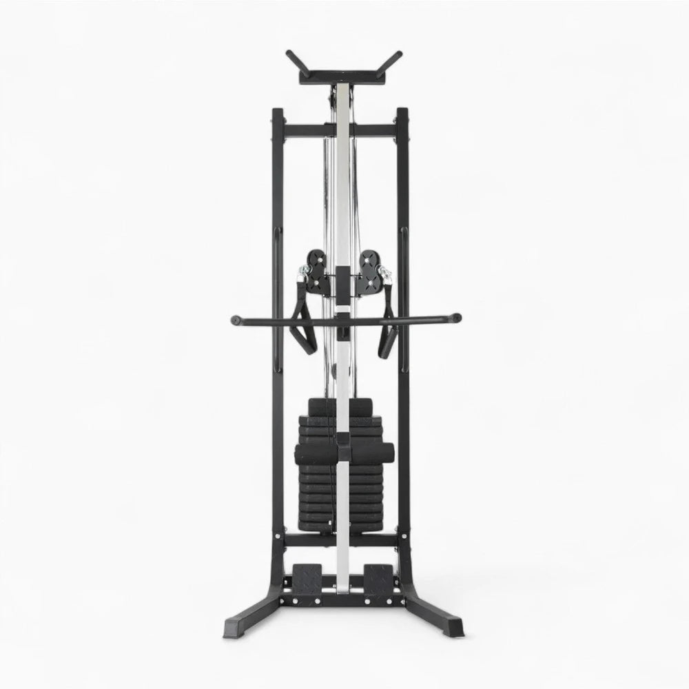 Front view of cable machine with pull up/chin up bar on a white background