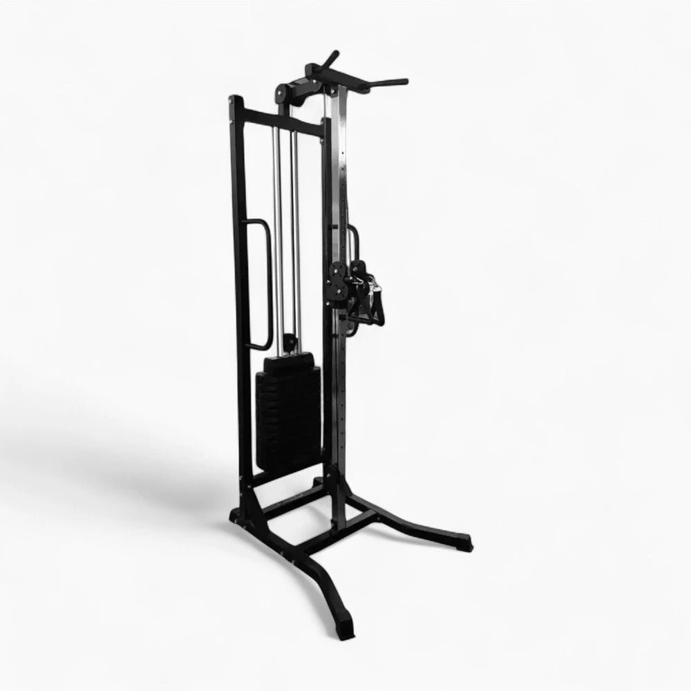 Side view of cable machine with pull up bar on a white background