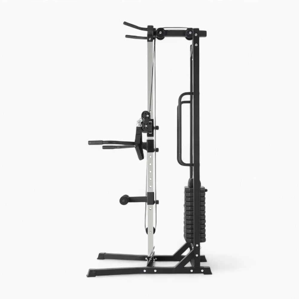 Side view of cable machine with dual pulley system on a white background