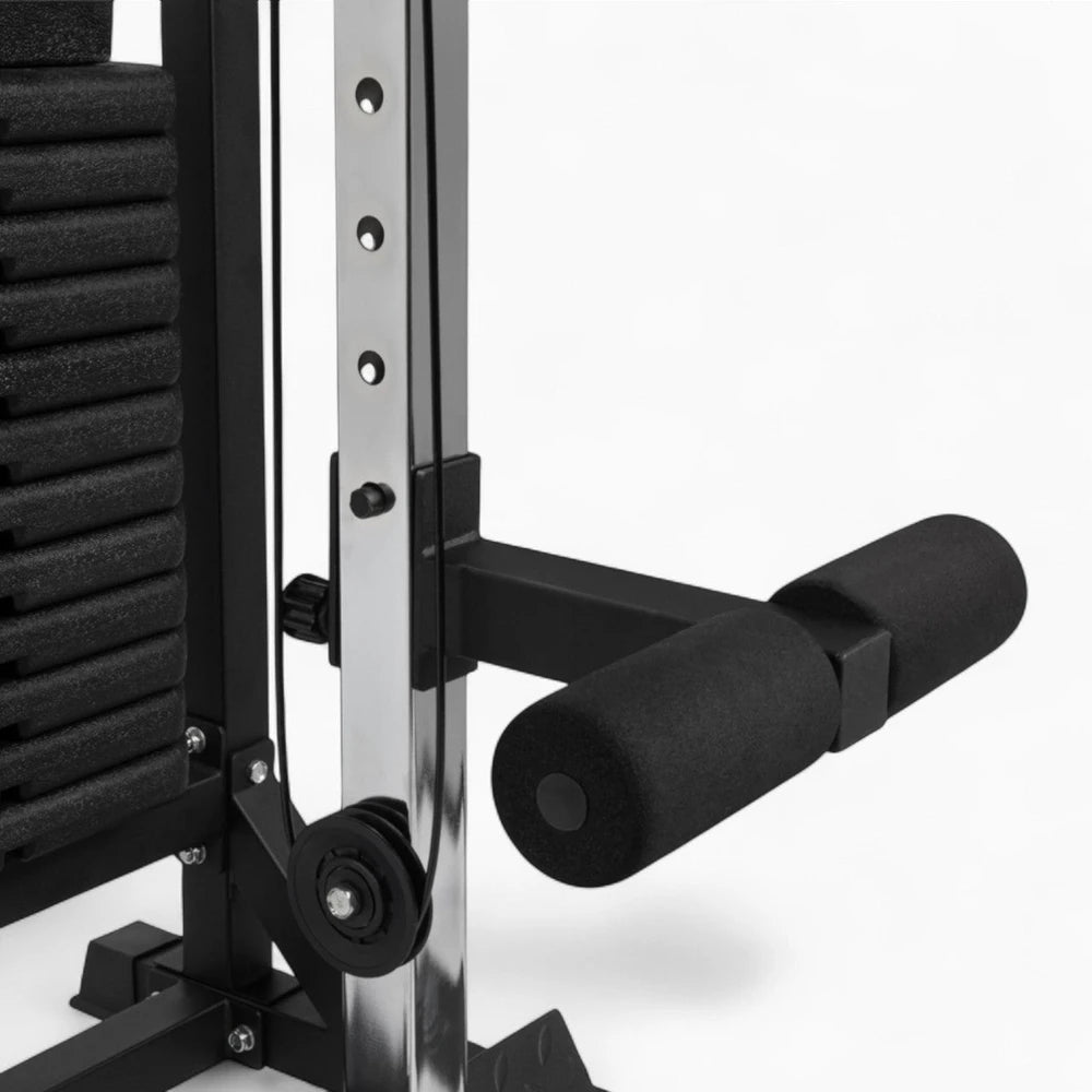 Adjustable leg lockdown rollers attached to vertical guide rail