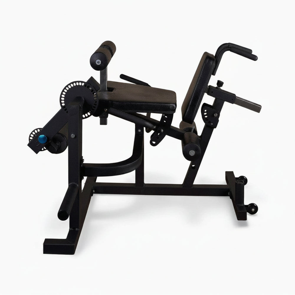 Side view of commercial Leg Extension and Curl Machine on a white background