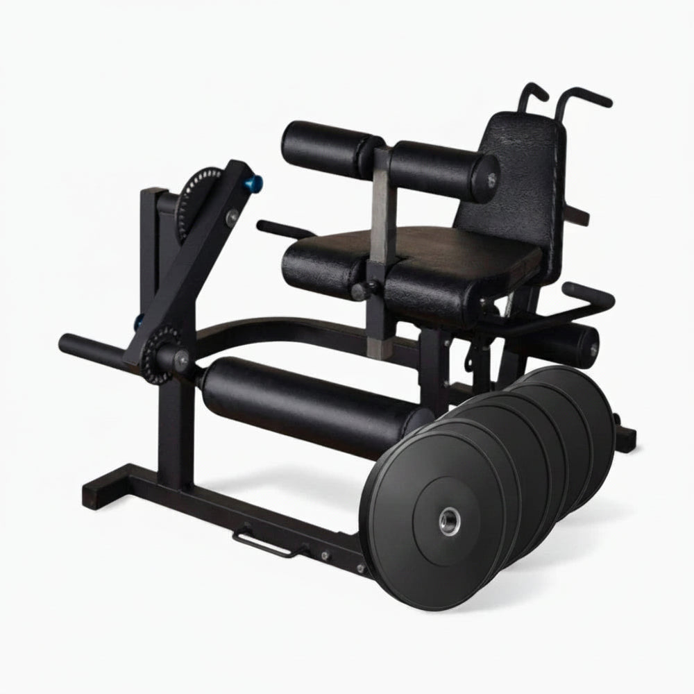 Leg extension and curl machine for commercial gyms with weight plate set
