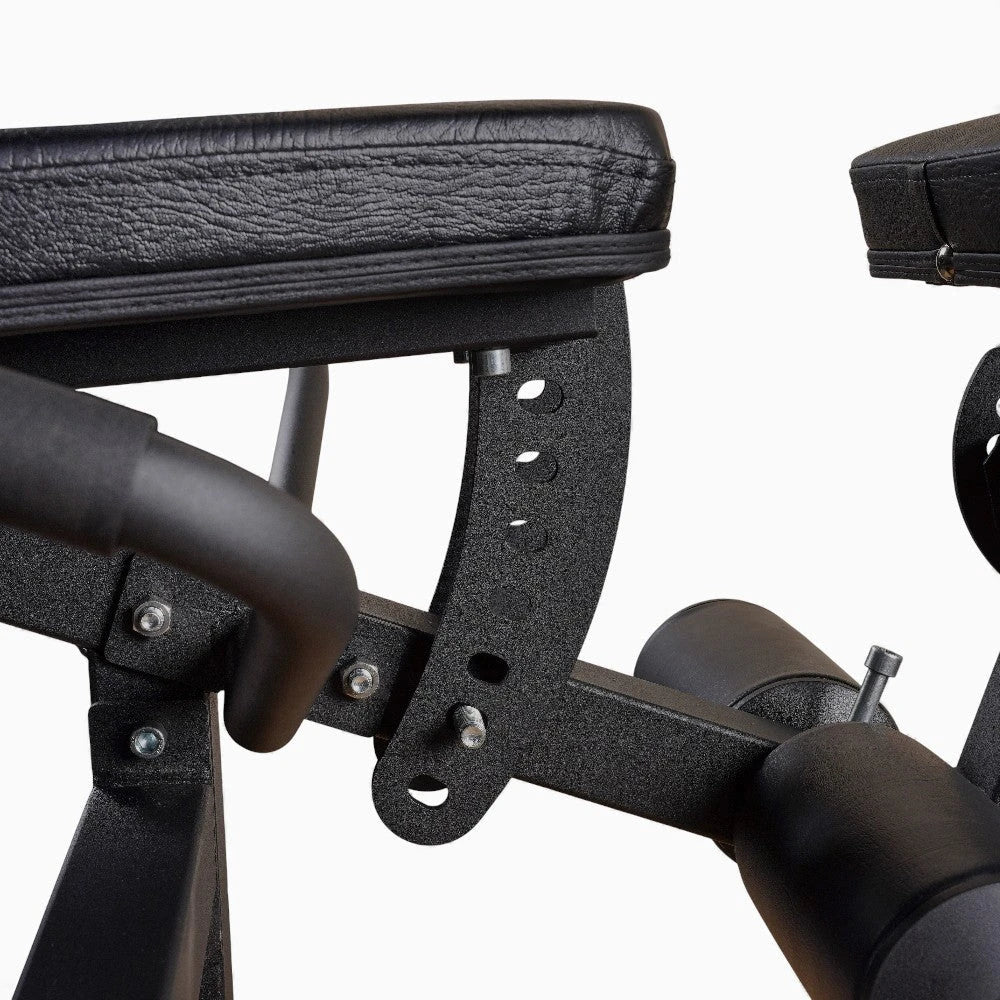 Adjustable seat of commercial Leg Extension and Curl Machine on a white background