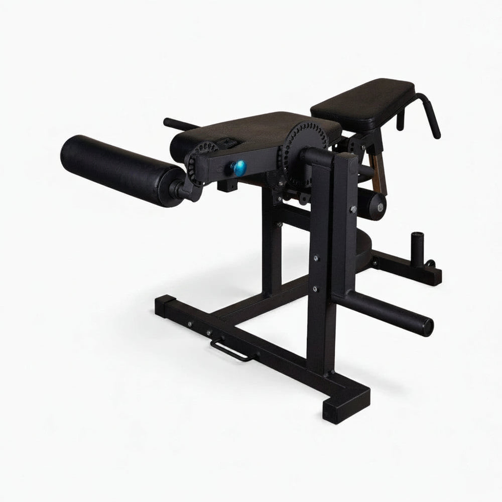 Black frame curl machine with leg extension on a white background