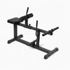 Black frame calf raise gym machine on a white background