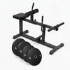 Plate loaded seated calf raise machine with set of weight plates on a white background