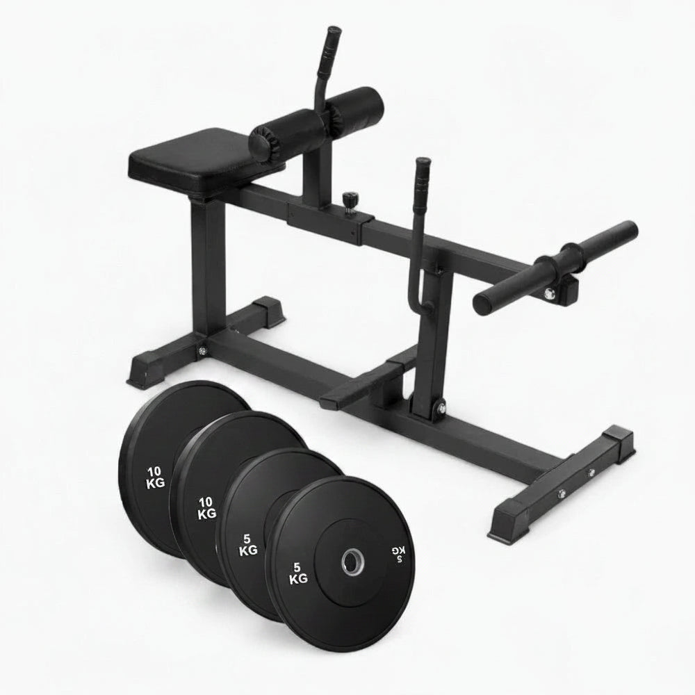 Plate loaded seated calf raise machine with set of weight plates on a white background