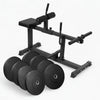 Black calf raise bench with weight plates on a white background