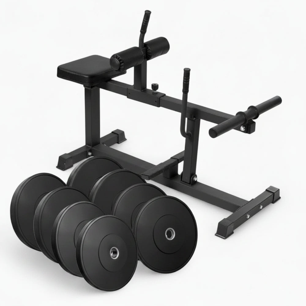 Black calf raise bench with weight plates on a white background