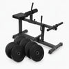 Black frame calf raise machine with padded seat and weight plates set