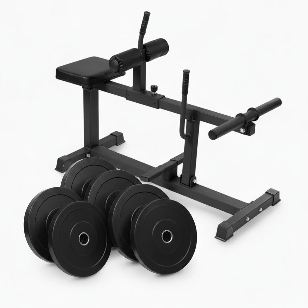 Black frame calf raise machine with padded seat and weight plates set