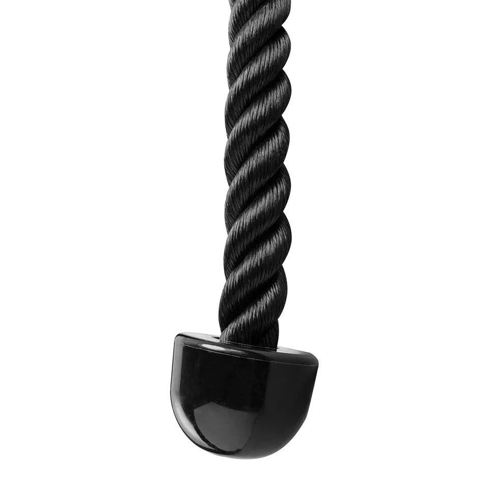 Detailed image of a black rope attachment for gym machine on a white background