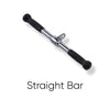 Straight bar attachment for cable machine with silver bar and black grip handles