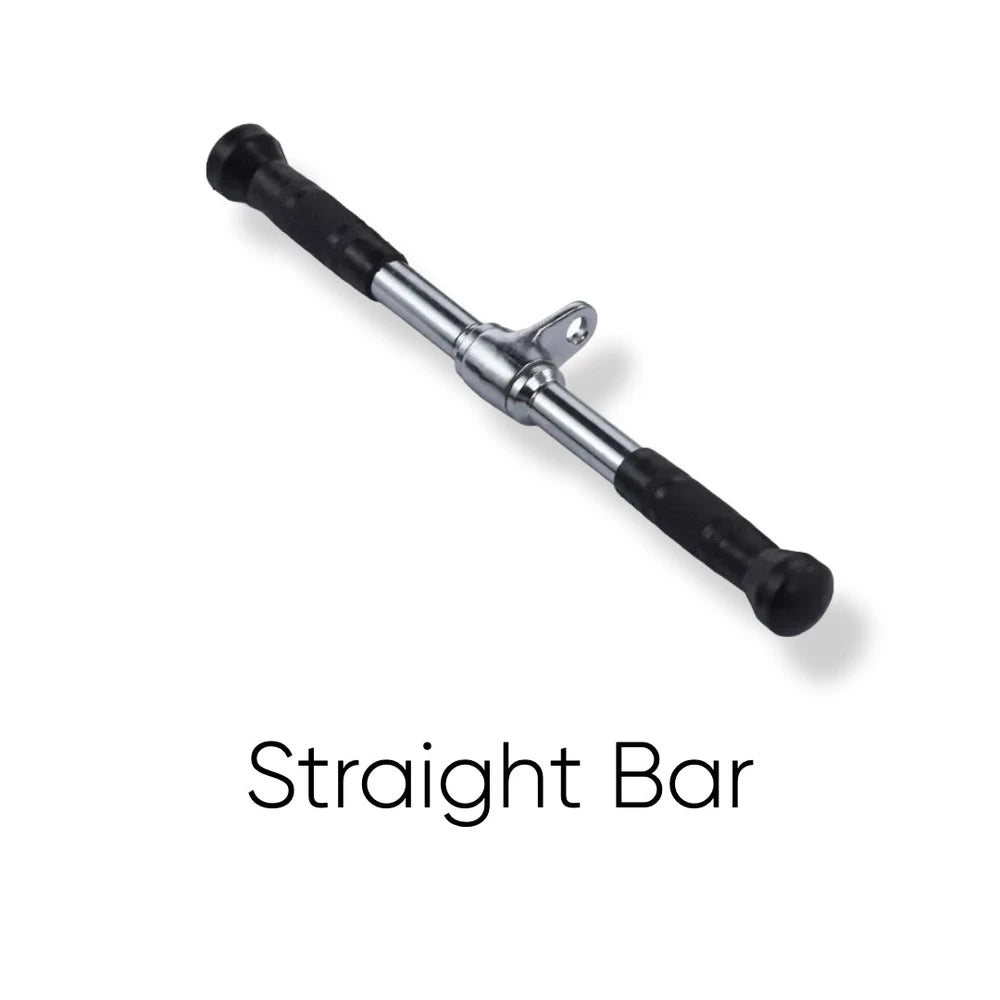 Straight bar attachment for cable machine with silver bar and black grip handles