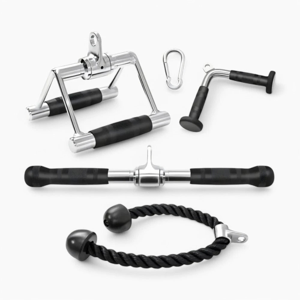 Cable attachments set for gym equipment on a white background