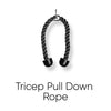 Black tricep pull down rope attachment on a white background