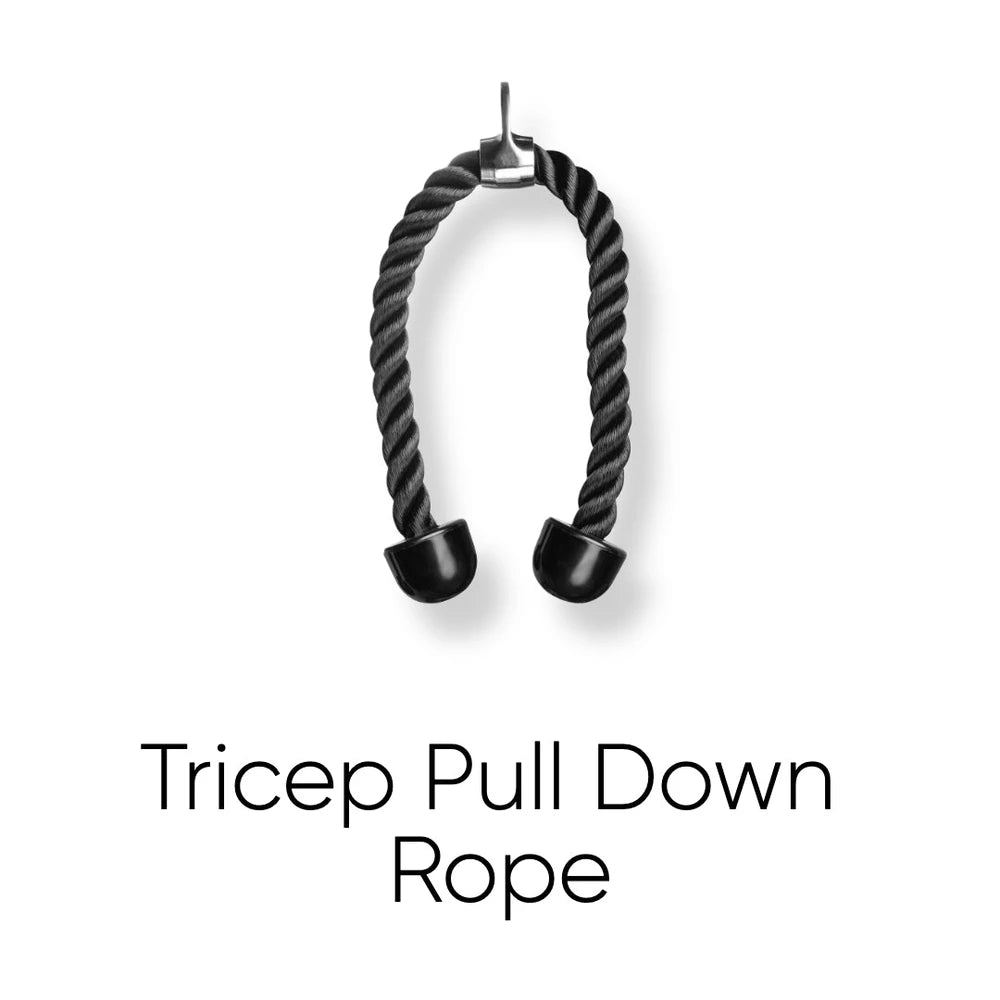 Black tricep pull down rope attachment on a white background