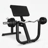 Black weight bench with barbell on a white background