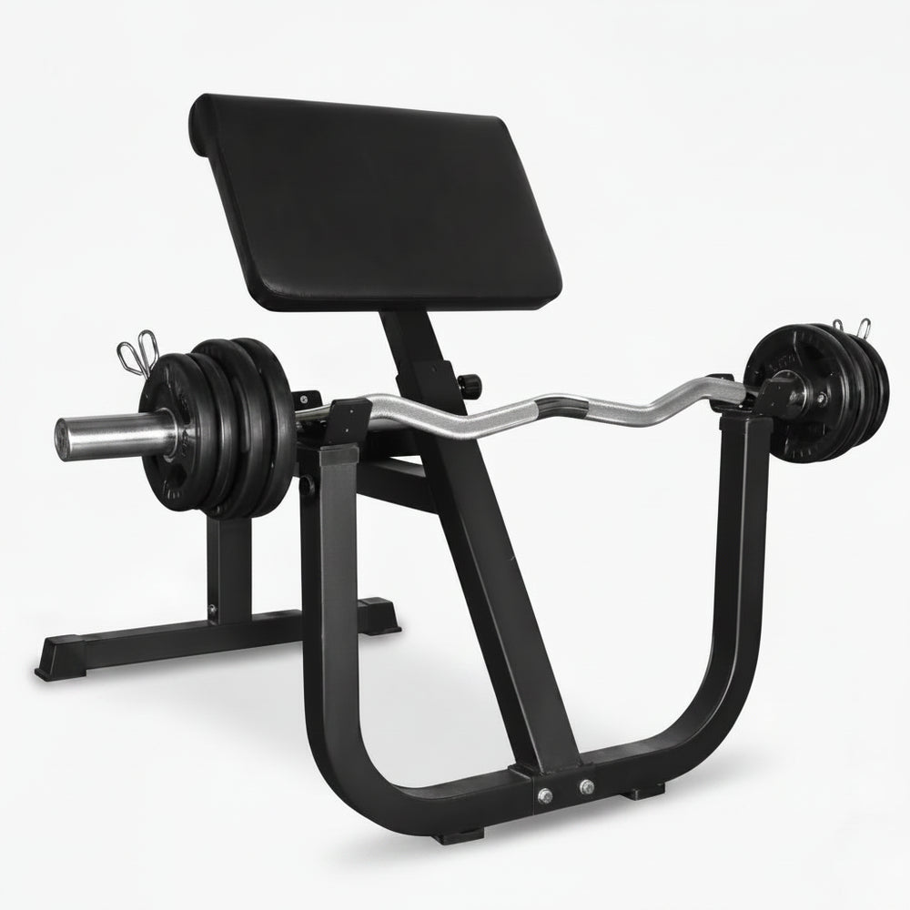 Black weight bench with barbell on a white background