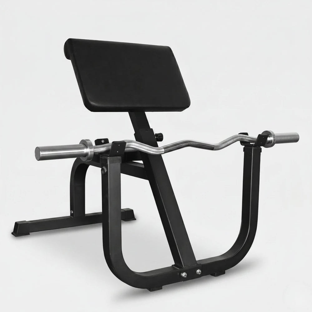Black gym bench for preacher curls on a white background