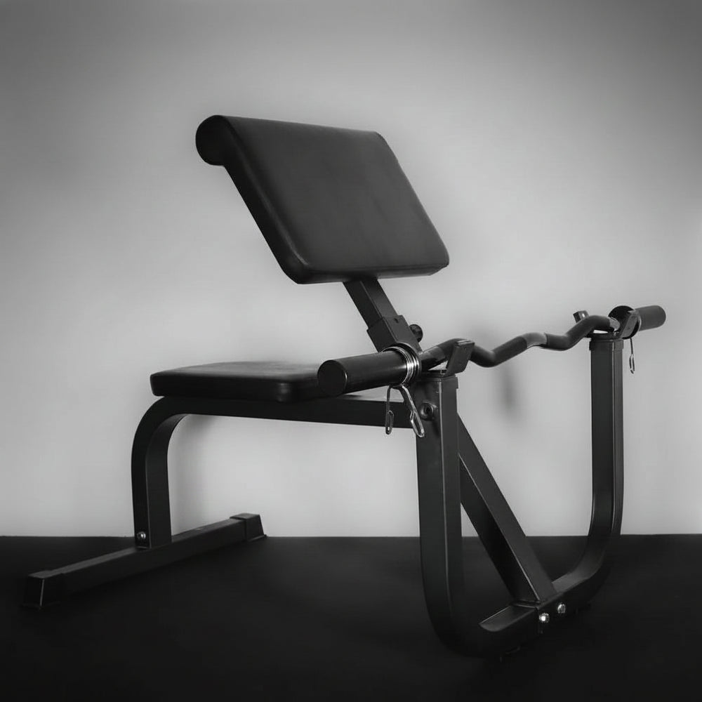 Preacher curl bench with seat and barbell
