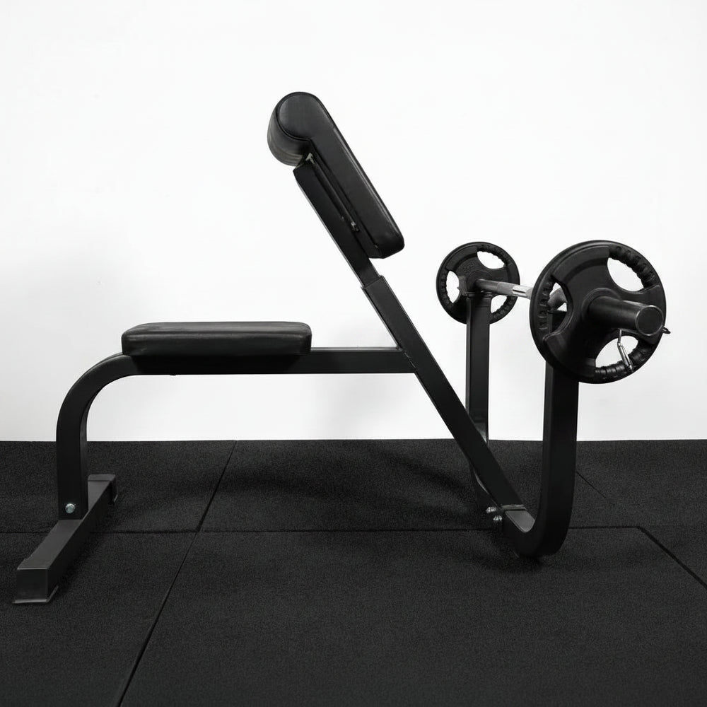 Side view of preacher curl seated bench with barbell