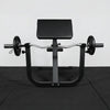 Front view of black steel frame preacher curl bench on black tiled floor and white walls