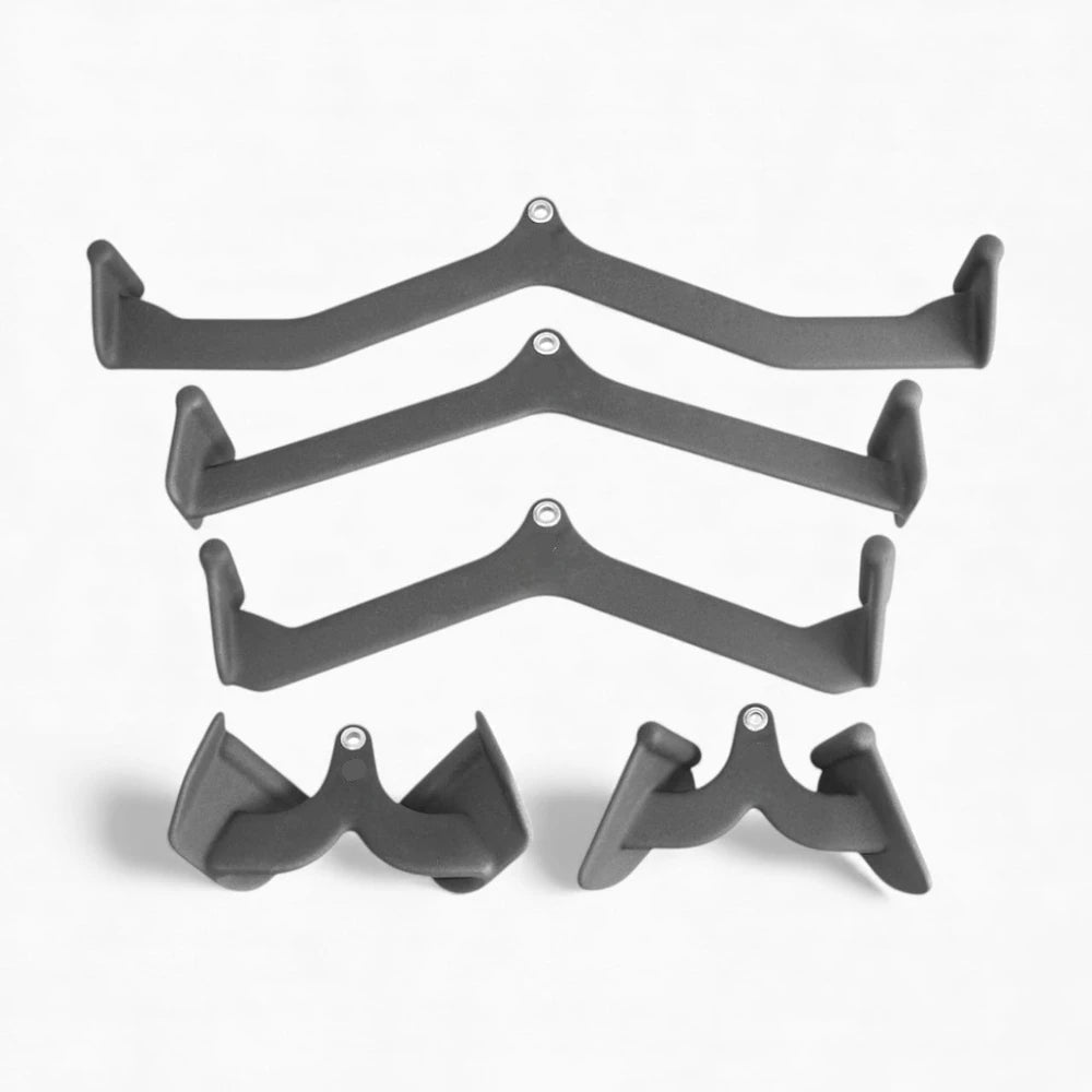 Set of gym cable attachments on a white background