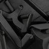 Black metal cable attachments on a dark background