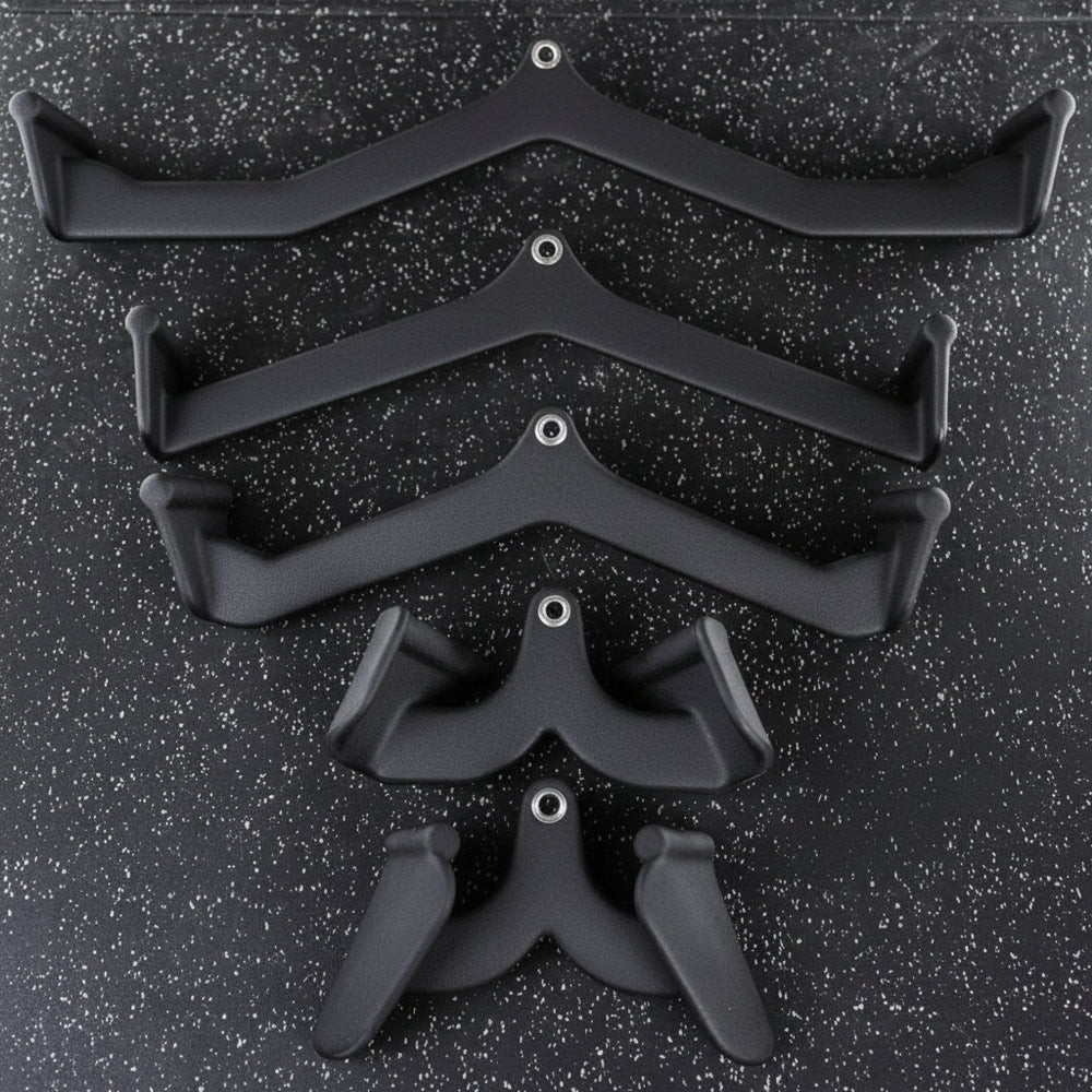 Set of 5 gym cable attachments on a black speckled background