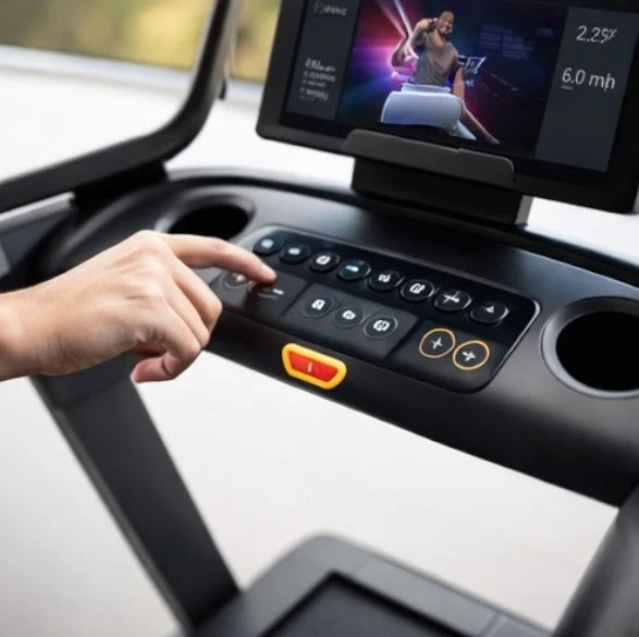 Person pushing buttons on control panel of a treadmill