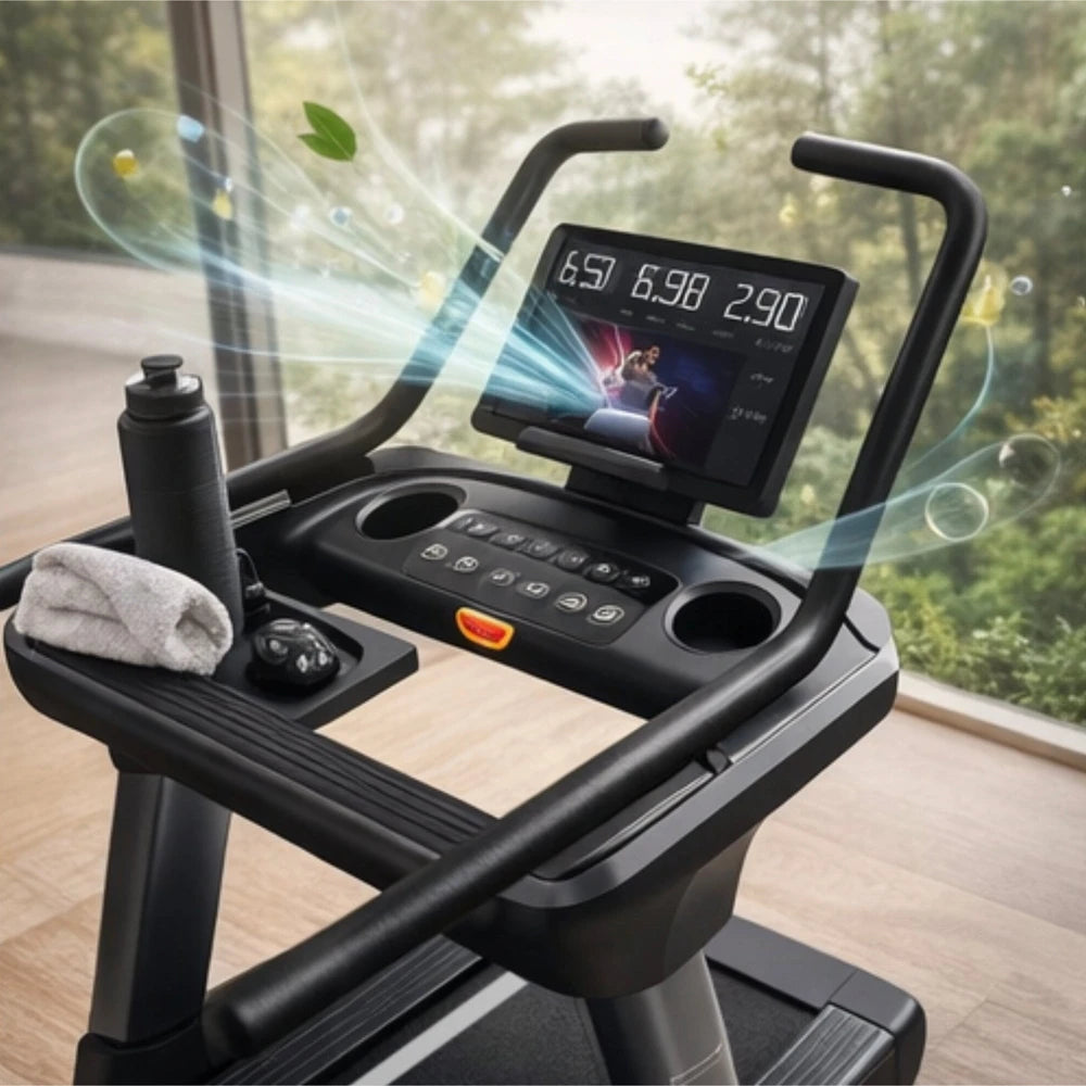 Control panel of treadmill against a window