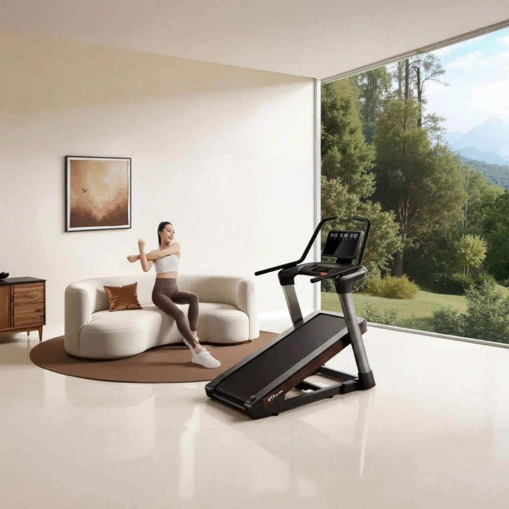 Treadmill in incline position in a home setting