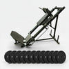 Black leg press bench with weight plates set