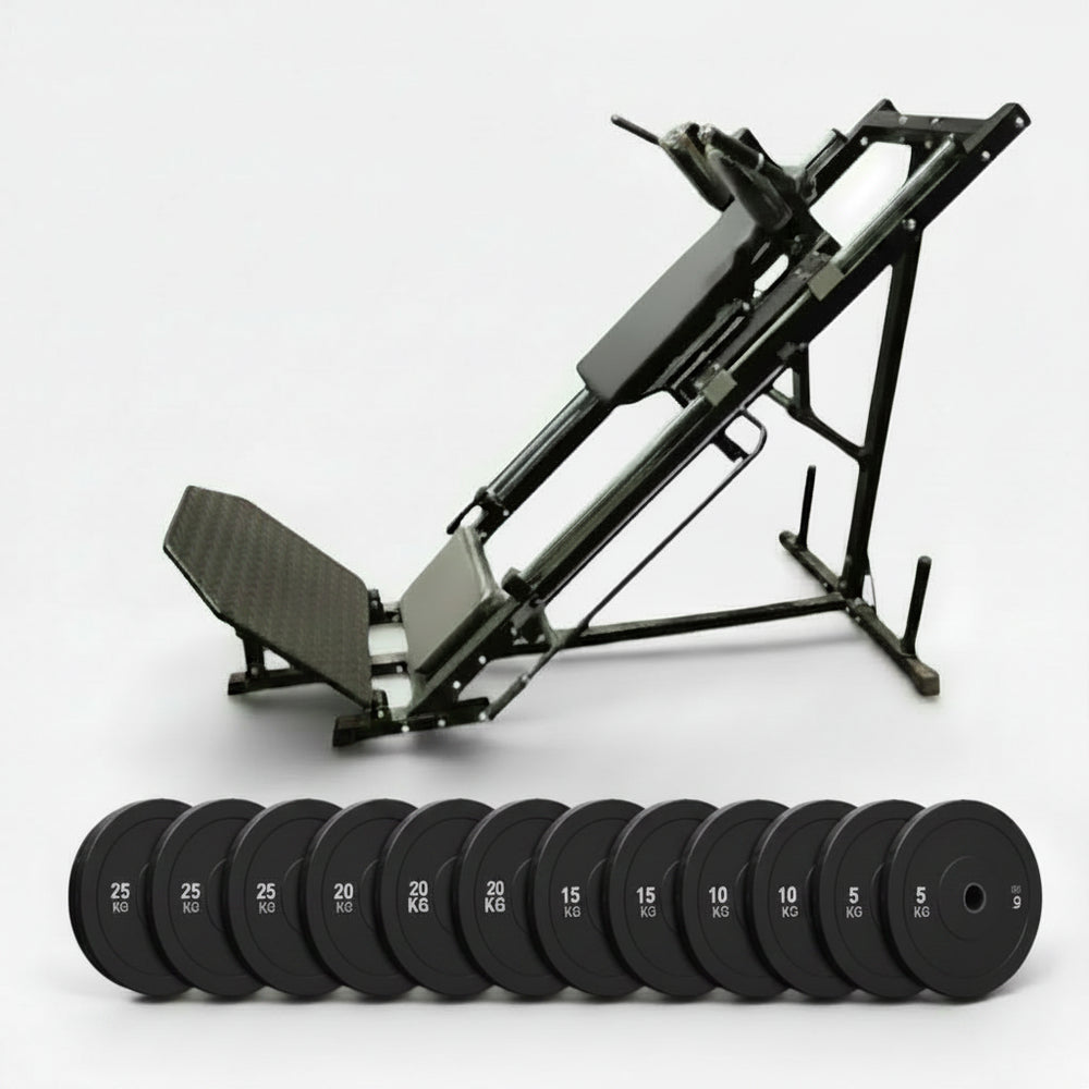 Black leg press bench with weight plates set