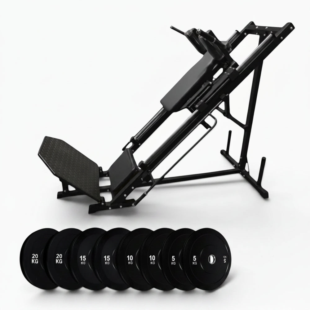 Black steel frame leg press with set of weights on a white background