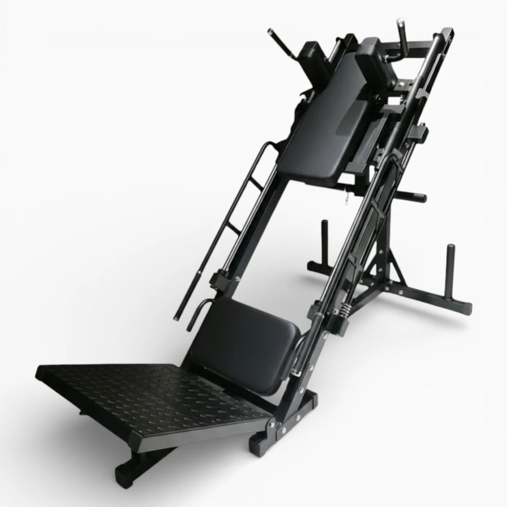 Black steel frame leg press for home gyms on a white background