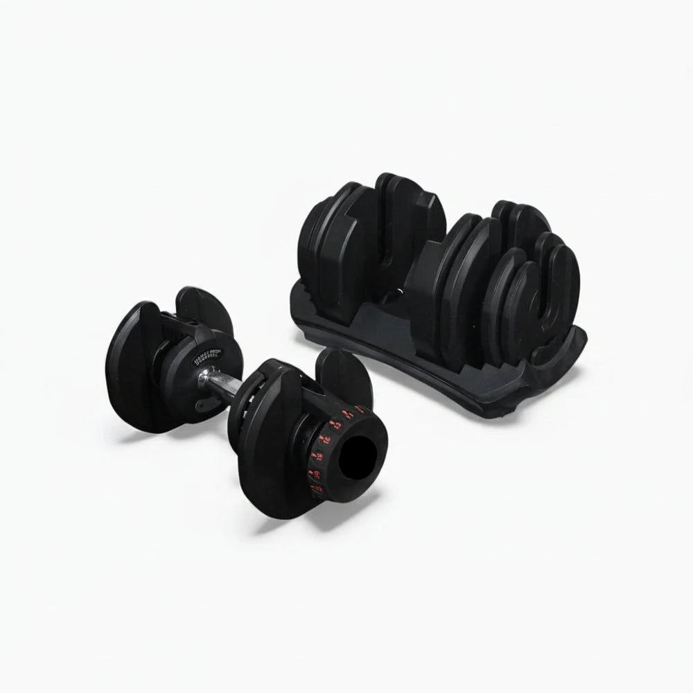 Dumbbell weights with a dial weight adjustment on a white background