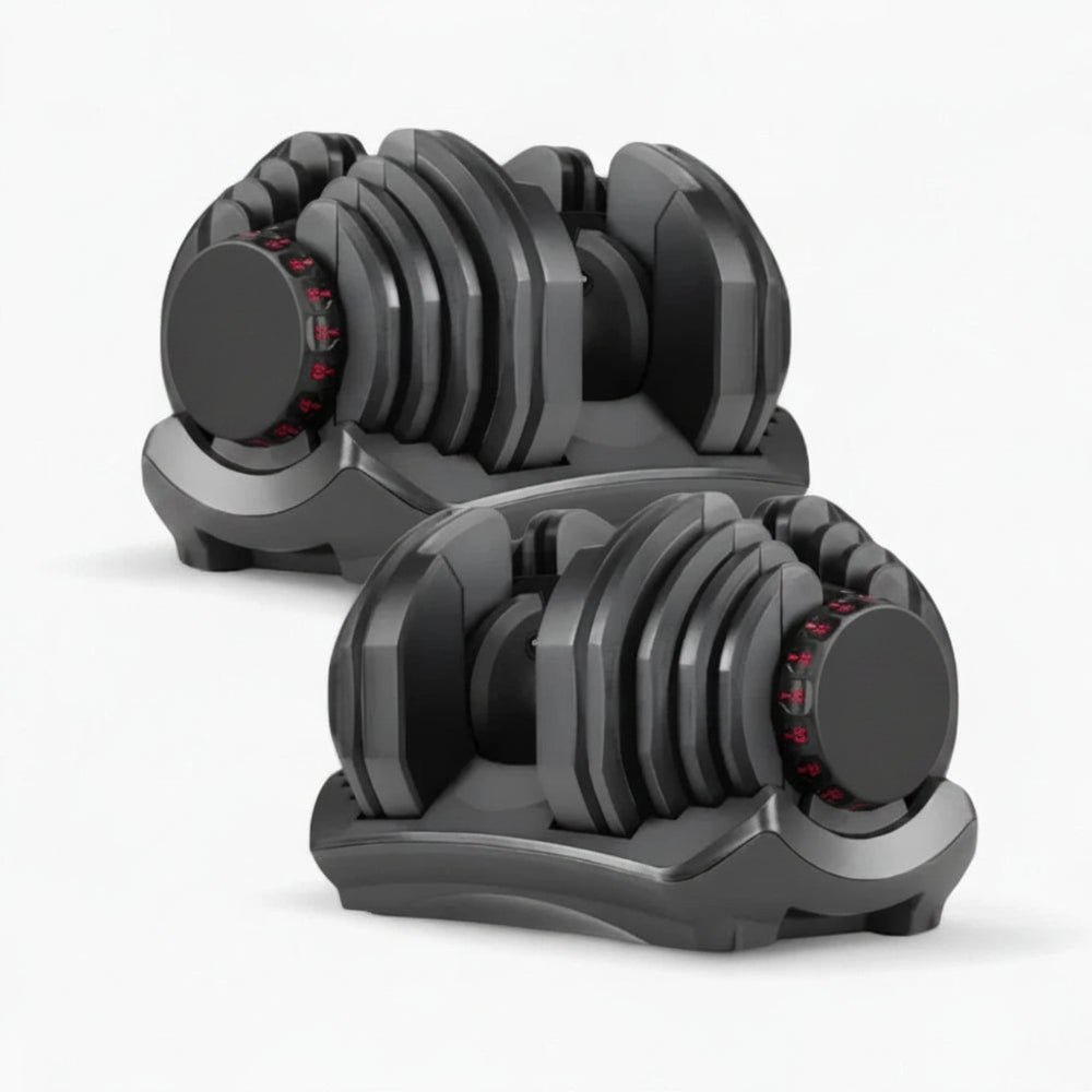 Pair of adjustable dumbbells on a white background