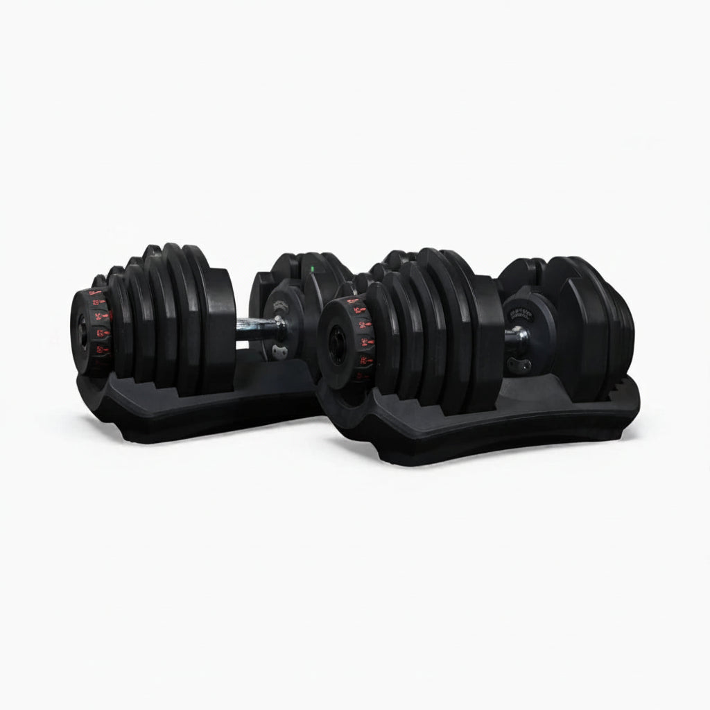 Set of adjustable dumbbells with stands on a white background Main image